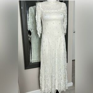 Vintage Ivory Lace Beaded Wedding Dress Sheer High Neck Romantic 90s Bridal Gown